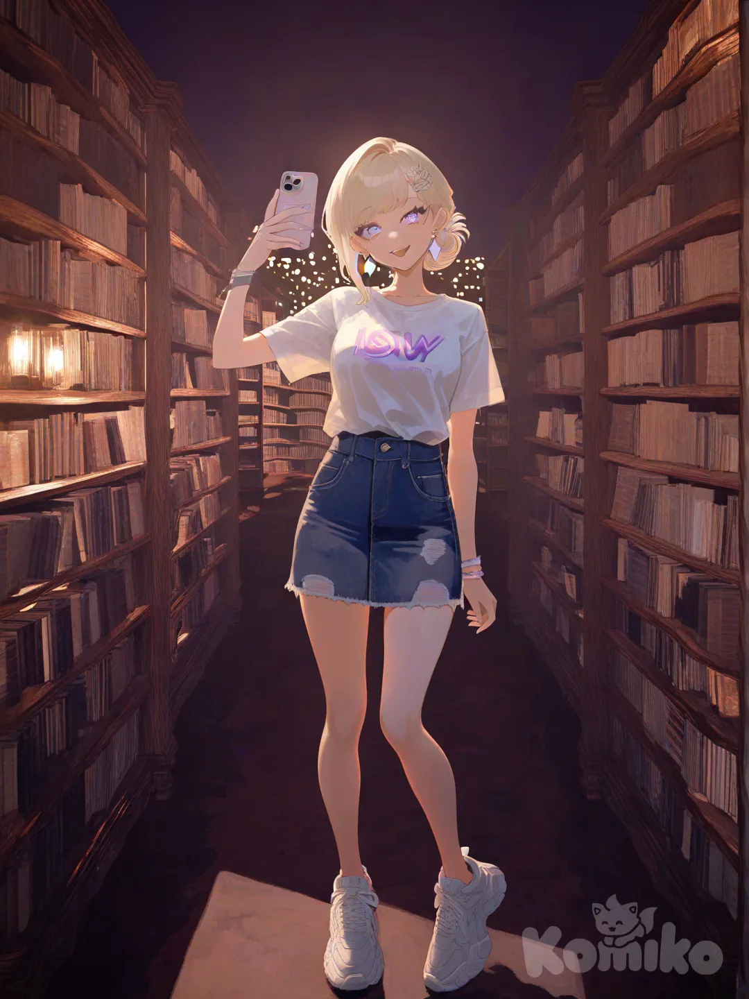 1girl, [watercolor-illustration-style], head tilt, smile, open mouth, ，紫色, ruffles, neckhairpin, earrings, blonde hair, full body, looking at viewer, front profile photo, night, city lights, ambient light，library, selfie, updo, gradient, ivory white, khaki, t-shirt, denim skirt