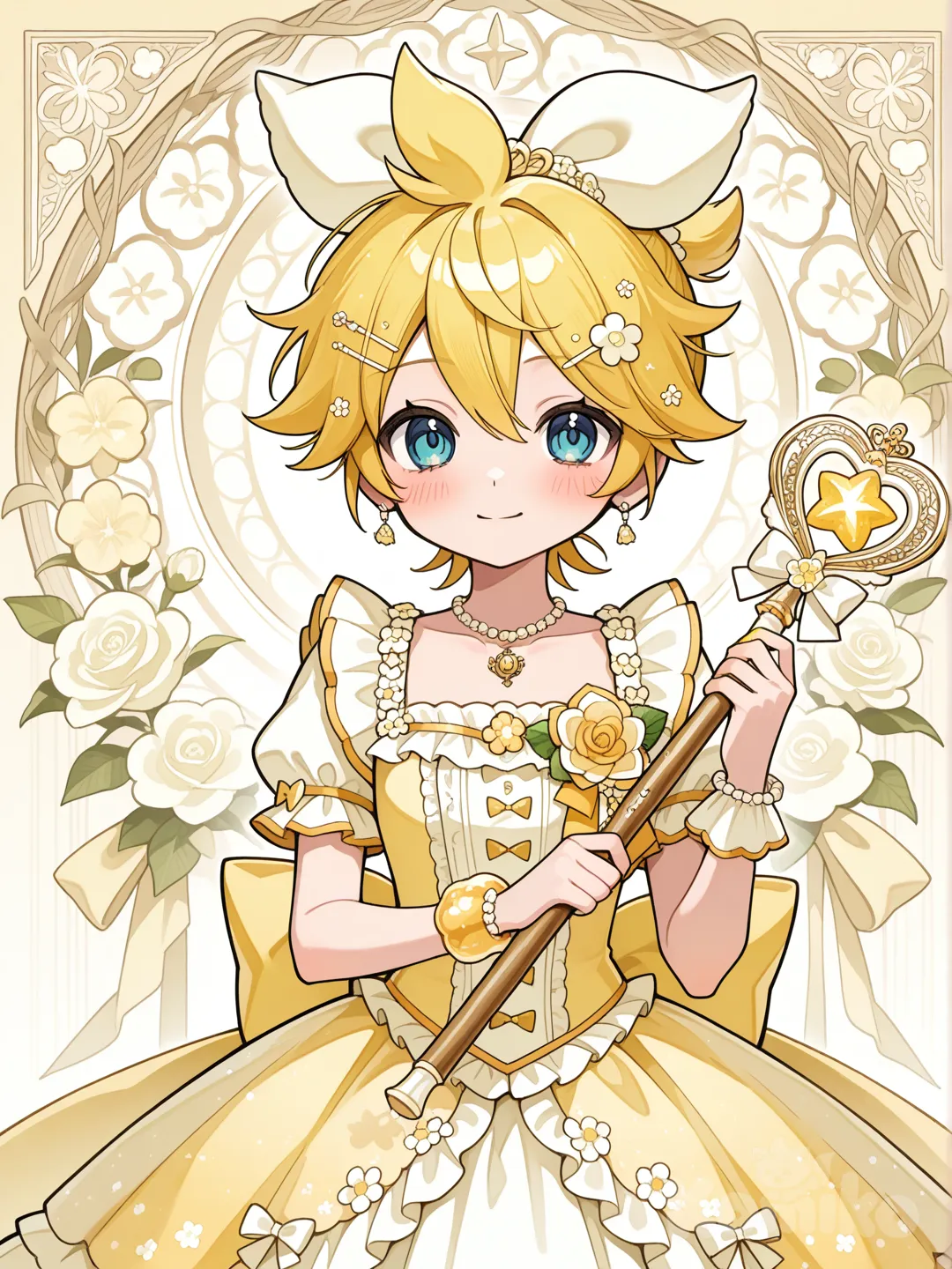 @Kagamine_Len花系魔法少女,手持花木魔法棒, ruffles, lace, corsage, bow, hairpin, hair accessory, jewelry, necklace, bracelet