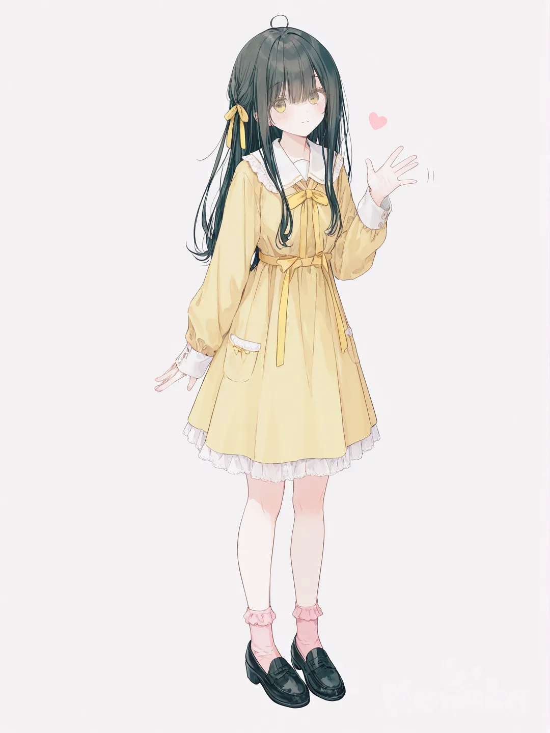 黄色连衣裙，有蕾丝花边，黄色蝴蝶结。粉色堆堆袜，黑色皮鞋, 1girl, full body, waving, [sweet-pastel-style]