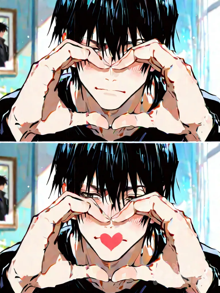 1boy, ethereal fantasy style, highly anime art, heart hands, blush, Fushiguro Touji, comics