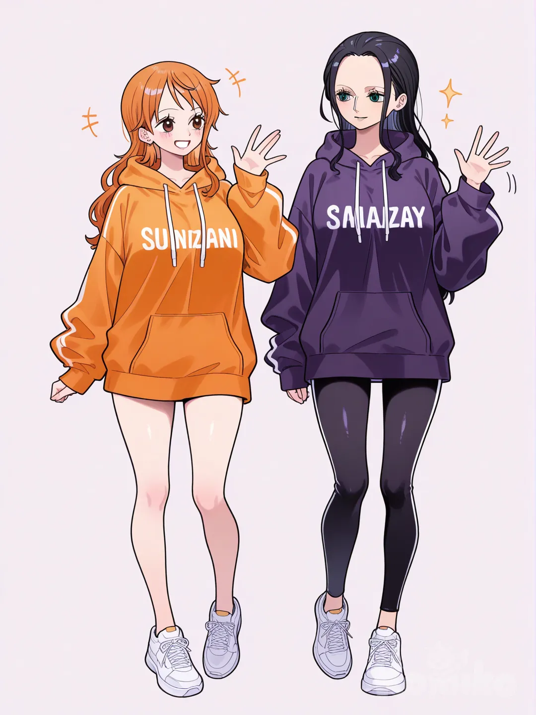 @Nami_(One_Piece), @Nico_Robin, looking away, full body, hoodie, waving