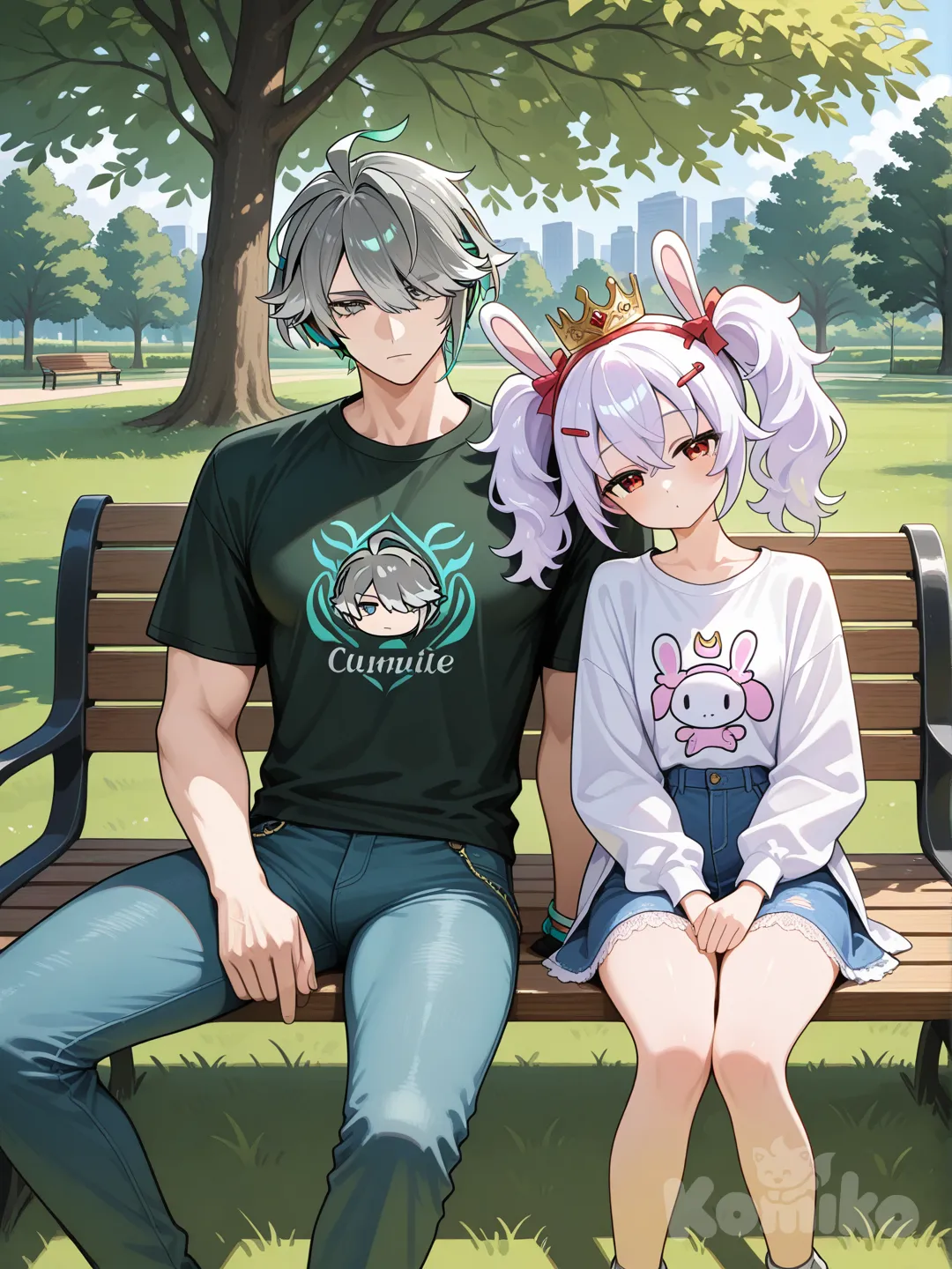 Alhaitham and Laffey They went for a walk in the park. , sitting on the ground, head tilt, 2people, t-shirt, jeans, lace, hairpin, crown