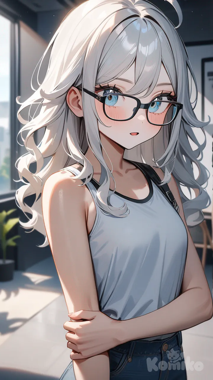 Chica pequeña, cabello rubio, gafas