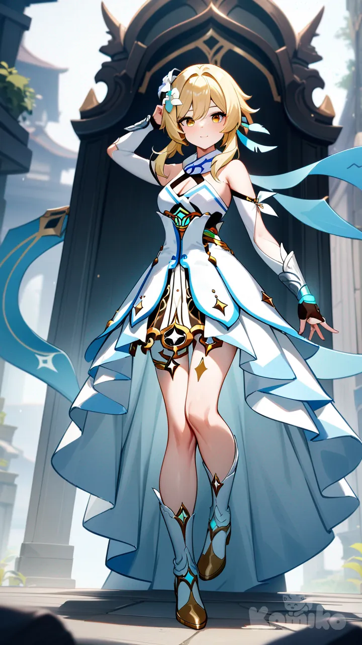 Lumine (Genshin Impact) cuerpo completo, senos pequeños de fuera, pezones