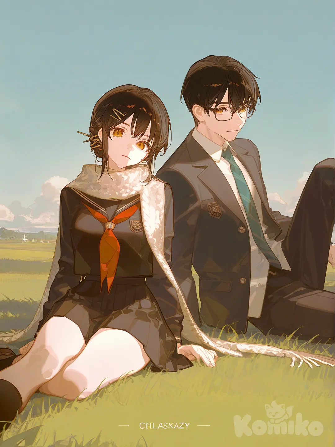 1girl, 1boy, [dazzling-illustration-style], sitting on the ground, school uniform, hairpin, scarf, glasses