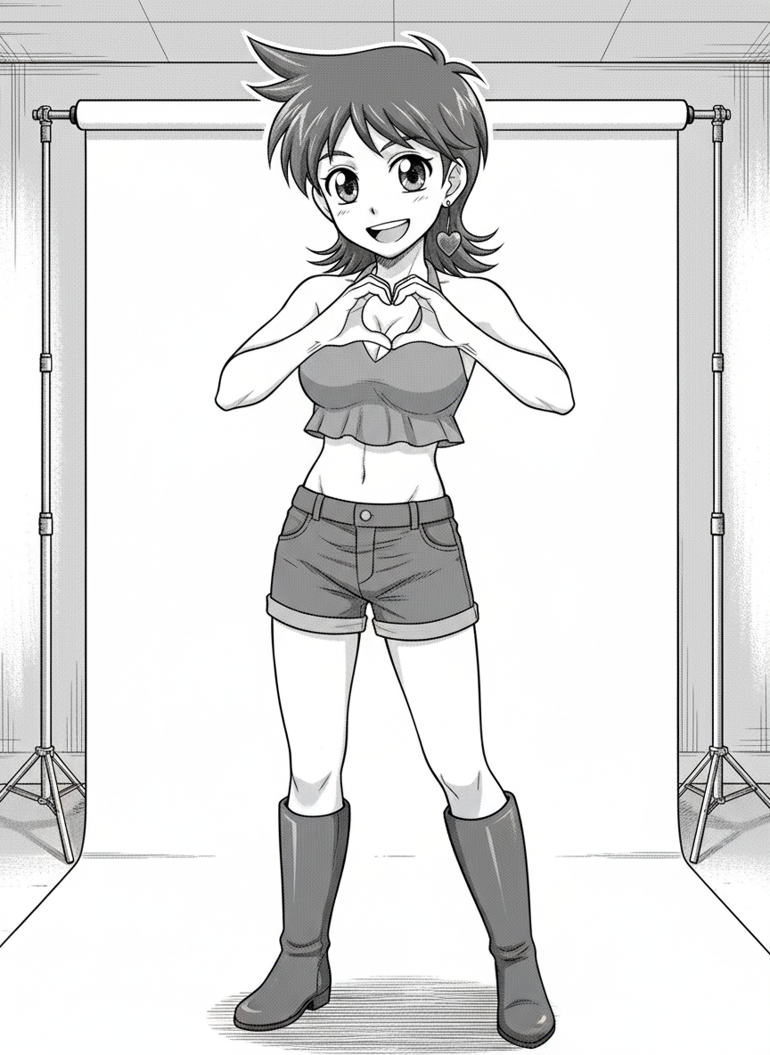 1boy, <shizuka-rxa8>, crossdressing, upper body, smile, photo studio, black and white manga style, heart hands