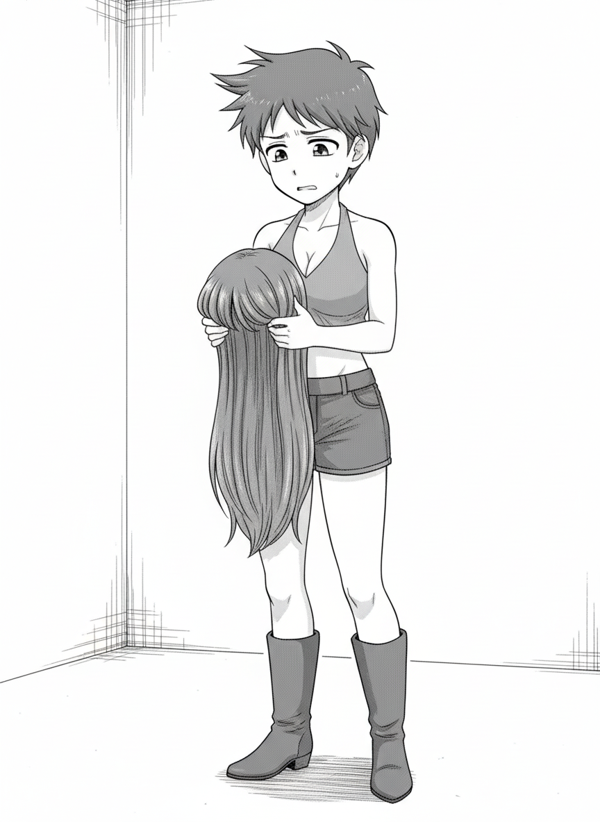 <shizuka-rxa8>, short hair, holding wig, upset, photo studio, black and white manga style, cowboy shot, 1boy, crossdressing, halter top, denim shorts