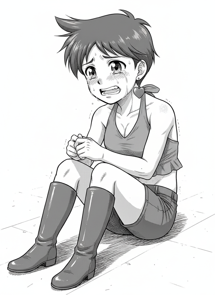 1boy, <shizuka-rxa8>, crossdressing, portrait, photo studio, black and white manga style, crying, sitting