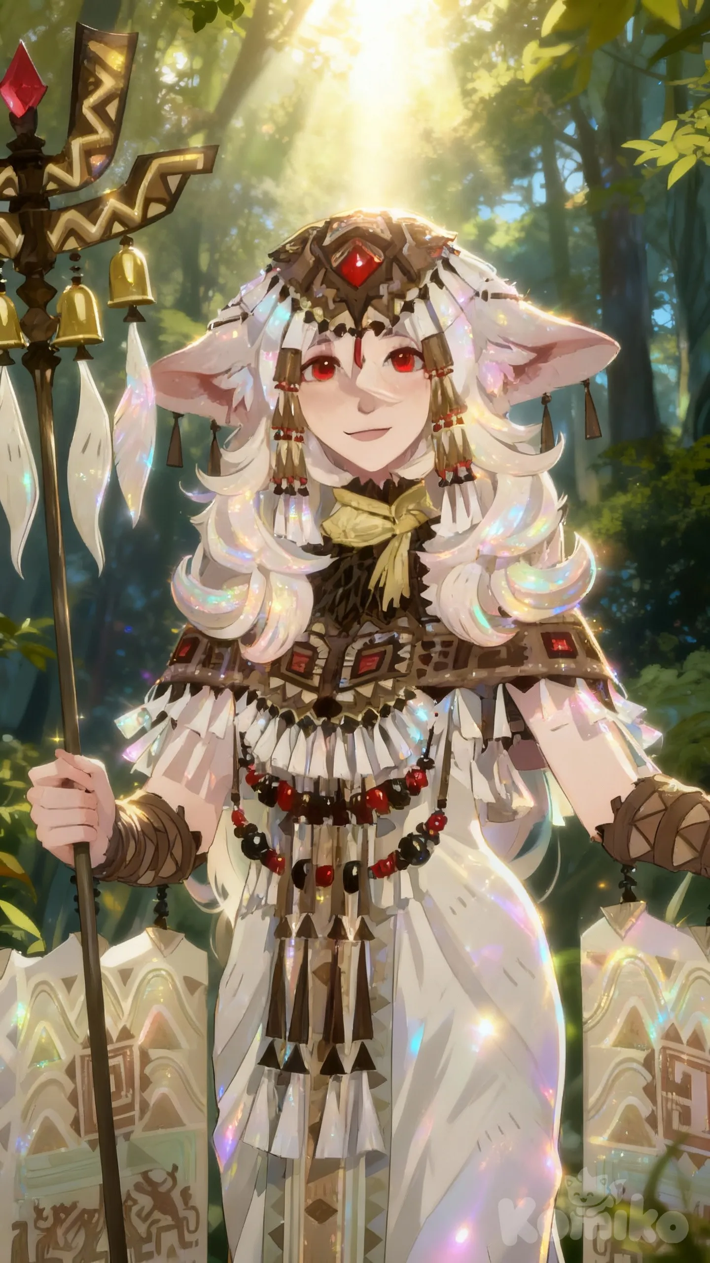 @galahad-seen, red eyes, blessed from above, forest, upper body, [iridescent-style], day, smirk