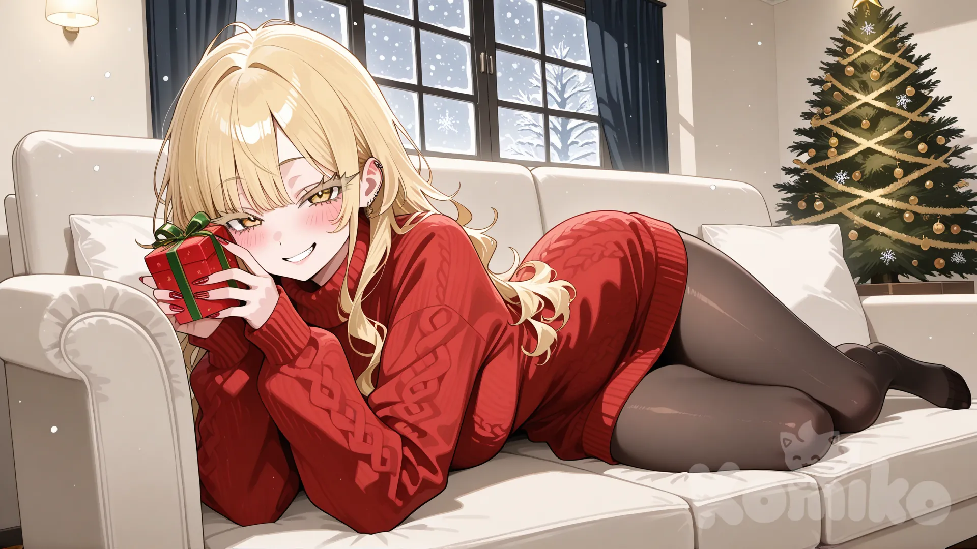 1 girl, harajuku gal, thick eyelashes, eyebrows hidden by hair, yellow eyes, blushes, living room, christmas tree, re fluffy sweater, black pantyhose, full body, smirk, looking at viewer, holding gift, glossy skin, snowing, snowflakes, lying on couch