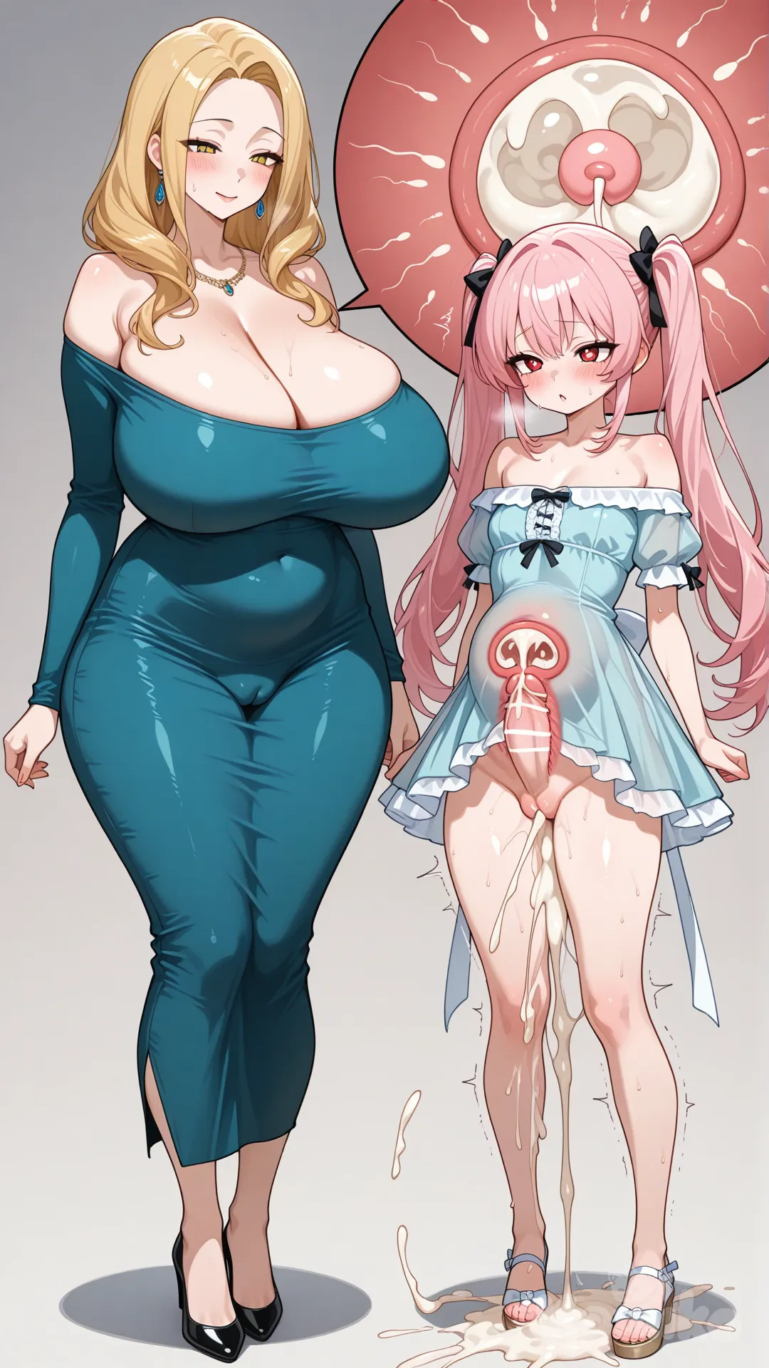 Two characters, (2 people: 1.2), (2 people lineup: 1.2), standing side by side, left character, right character, left: (mature woman (1) Mature woman Height 240cm. MILF (Mom I'd Like to Fuck)), (fake : 1), sweating, Right: (mature girl (2) Height 150cm), : 1.2), left character: A mature woman (1) Mature woman Height 240cm That shows off the curves of her body and the enormous gigantic size penis hidden inside the clothing The dress had a blue underlay showing through, . MILF (Mom I'd Like to Fuck), low-cut off-shoulder tight dress, 240cm tall, beautiful long legs, long blonde hair, and red eyes. full bodies visible, sagging breasts Extremely large breasts, Super-large breasts (J-cup). ; right character:A mature girl(2) Height 150cm(Super-large breasts (f-cup)), with pink hair,beautiful pink Camel toe, Bao Yu Xian,Gao Ga Xian,shaved pussy, Wearing low-cut off-shoulder tight dress,the inside of the uterus filled with semen,Womb crest sperm charging towards womb, ovaries filled cum, xray, pussy filled with cum, impregnation, excessive cum in pussy, excessive cum in ass, open womb, Cum filling the womb full, Xray of ffilling womb, Fertilized womb, the curves of her body, blonde eyes, twin tails, and 150cm tall. Super-large breasts (f-cup). ( See through the abdomen, revealing the position of the uterus Filled with semen,by x-ray in the Uterus filled with semen uterus is full of white semen:2), Height difference (tall mature woman (futa) short mature girl (xray cum filled ovaries ) Full bodies visible.
, gathering together