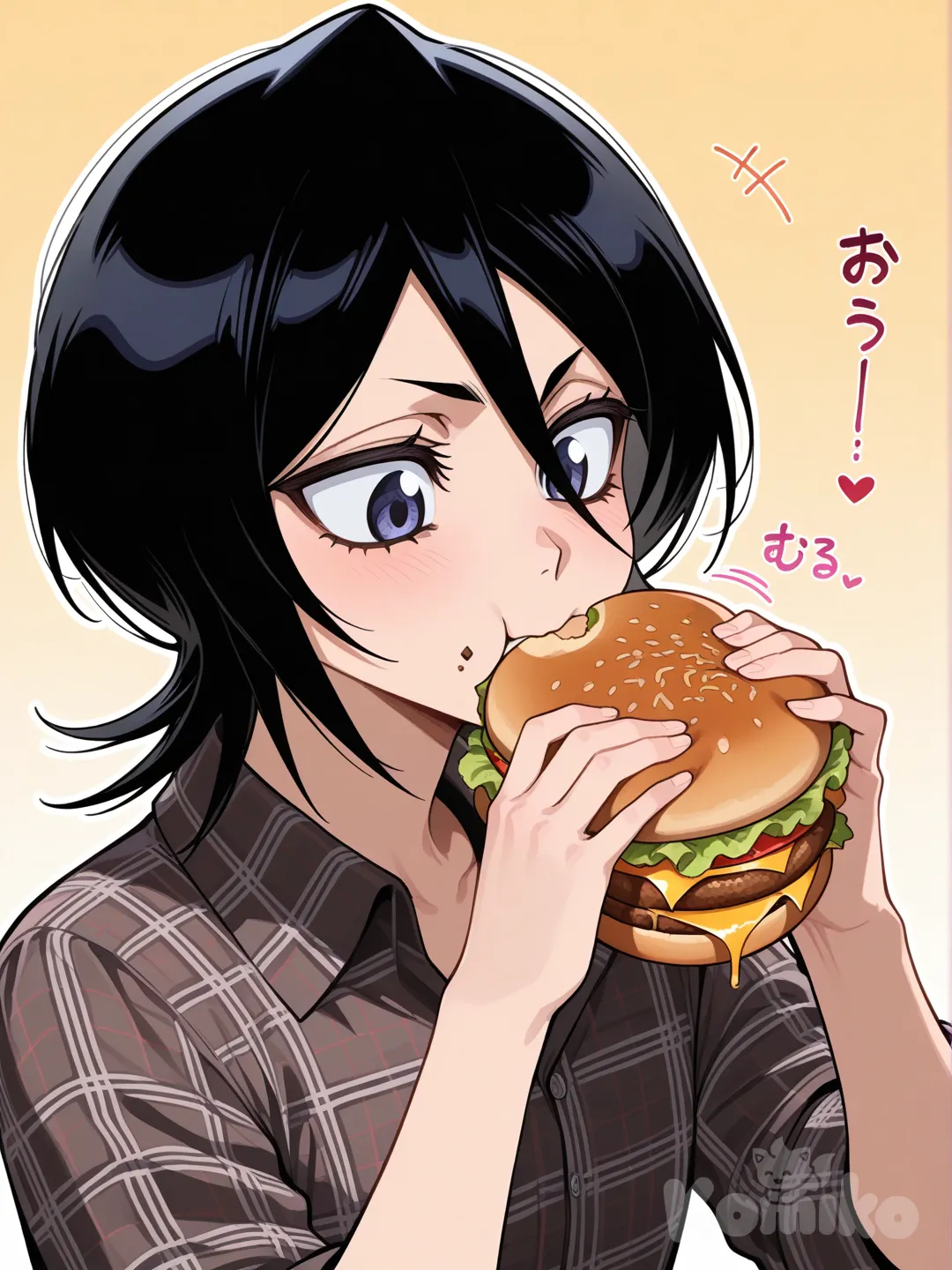 Rukia Kuchiki, bleach: sennen kessen-hen, [glossy-anime-style],eating burger, plaid shirt, upper body