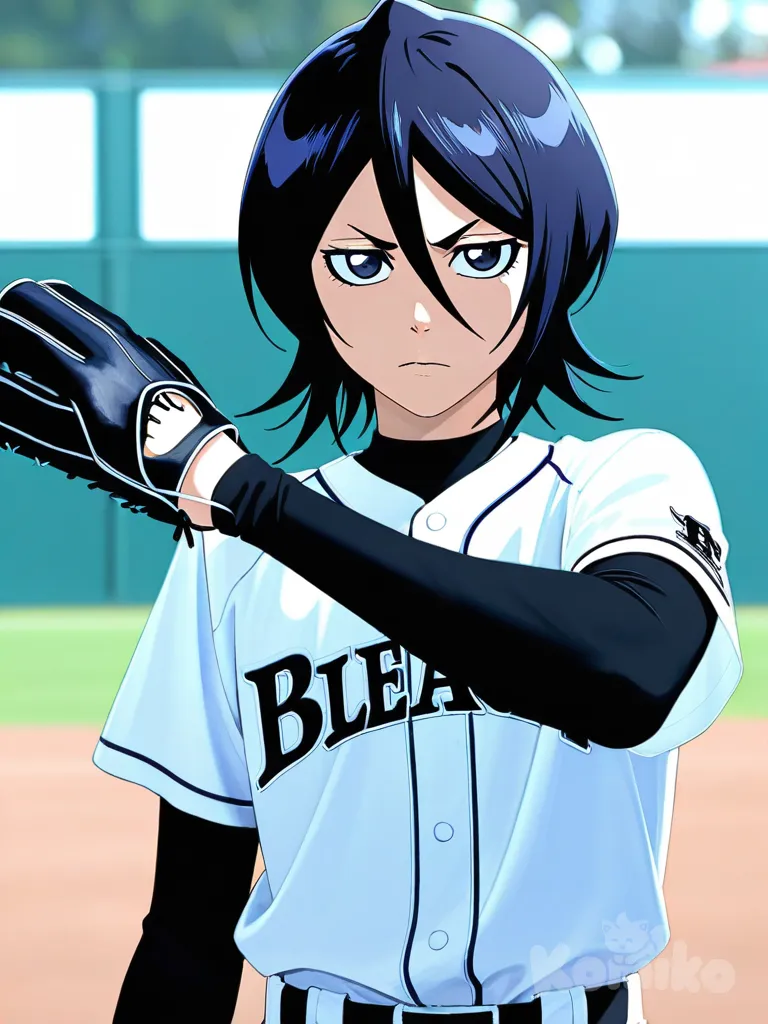 Rukia Kuchiki, bleach: sennen kessen-hen, anime coloring, baseball uniform, baseball mitt, upper body