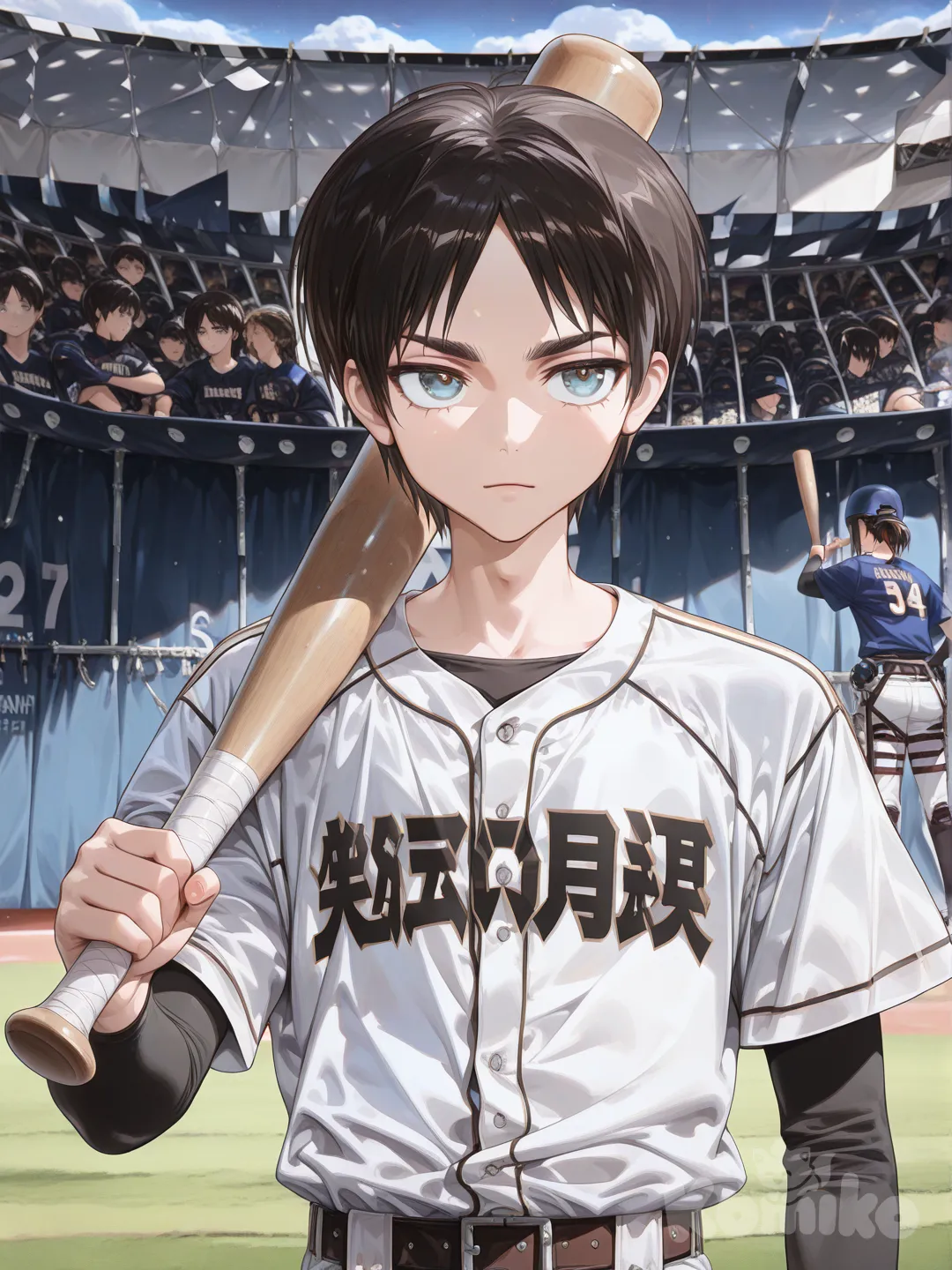 eren yeager, shingeki no kyojin, [high-gloss-illustration-style], holding baseball bat, baseball uniform, upper body