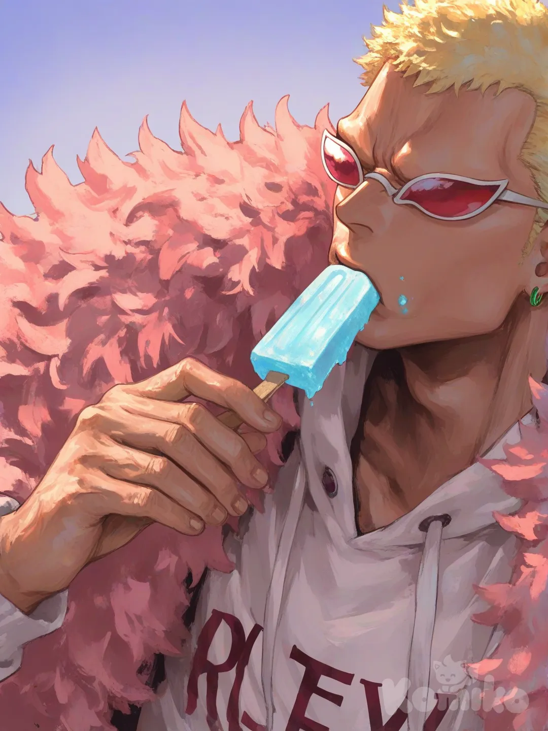 Donquixote Doflamingo, [sweet-painting-style], sunglasses ,eating ice cream, hoodie, upper body, 1man