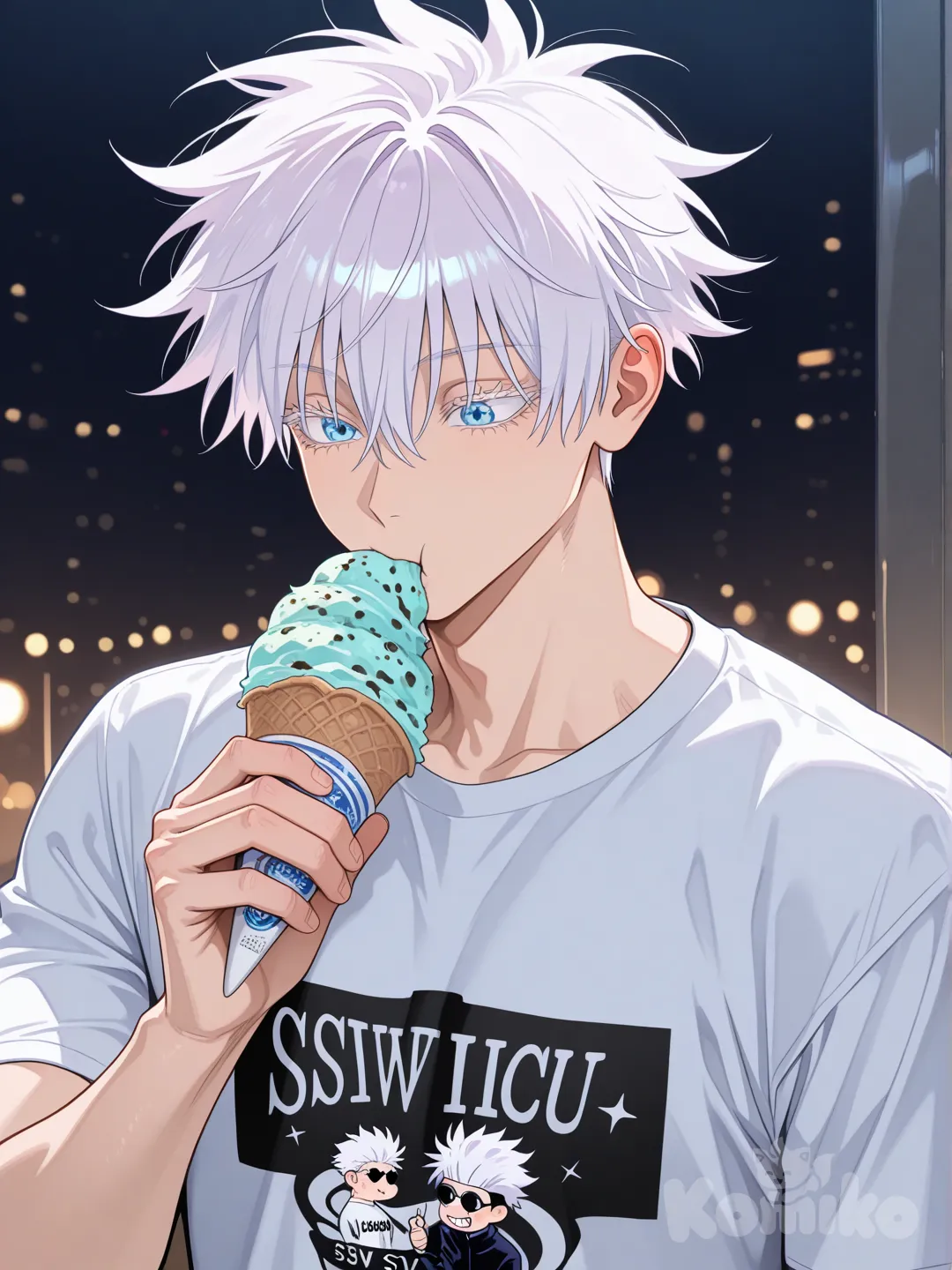 gojou satoru, [glossy-anime-style] eating ice cream , t-shirt, upper body, 1man