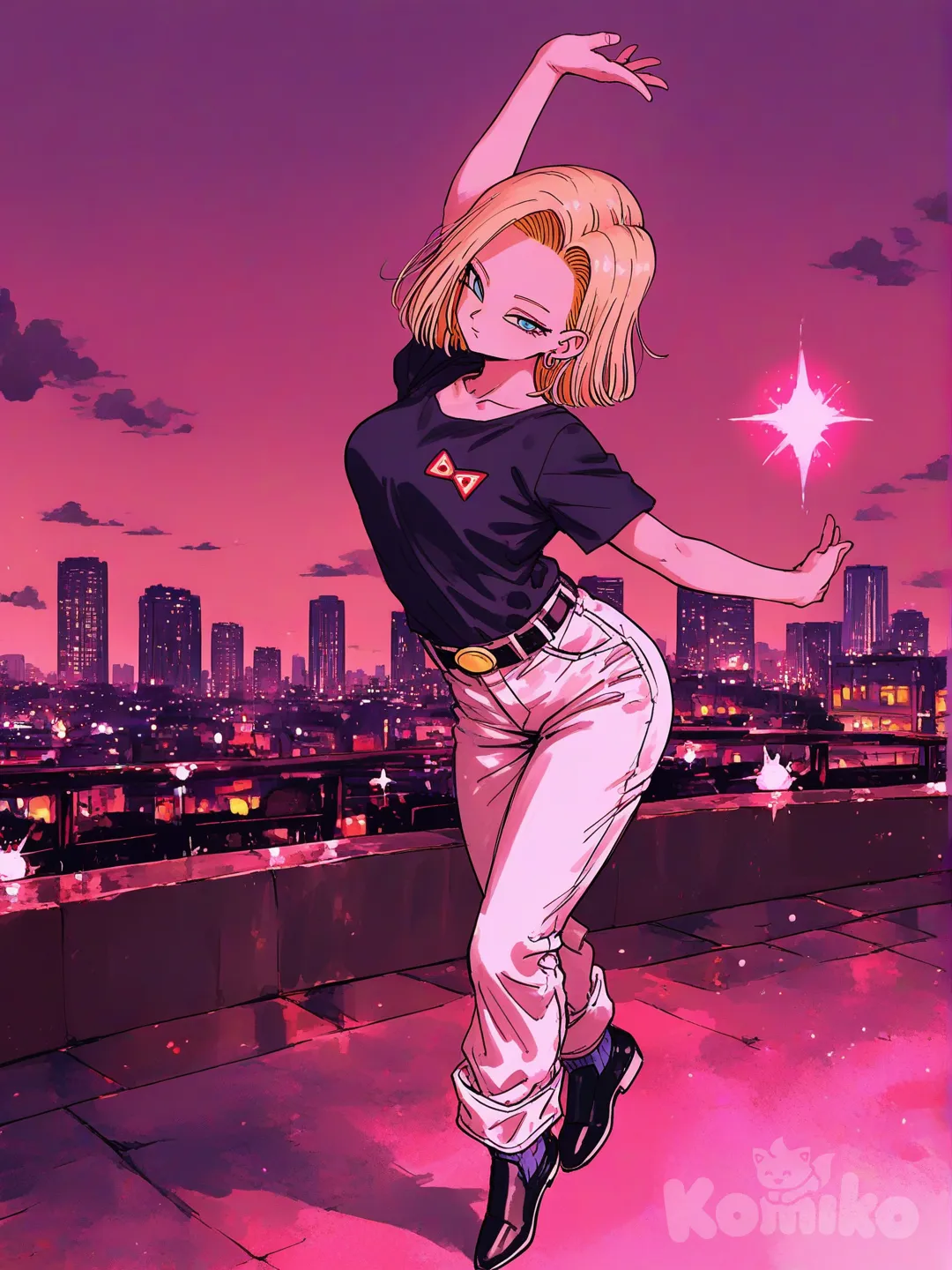 Android 18,dragon ball,[sweet-painting-style], dancing, shirt, pants, ambient light, cityscape