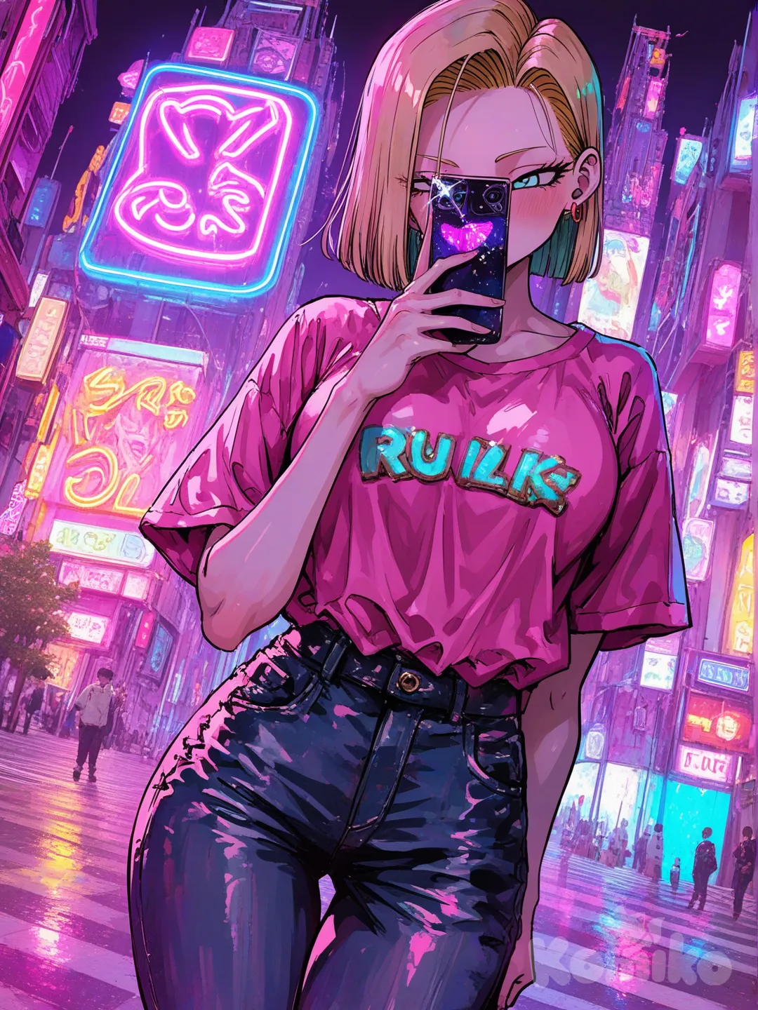 Android 18,dragon ball,[sweet-painting-style], selfie, pink shirt, pants, neon lights, cityscape