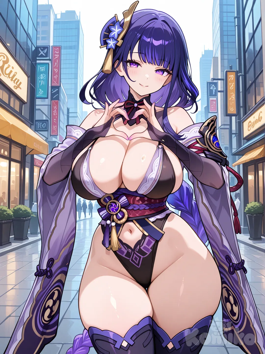 heart hands, Raiden Shogun откровенное тело, красивый уличный фон, искренняя улыбка, пышные формы, сексуальная