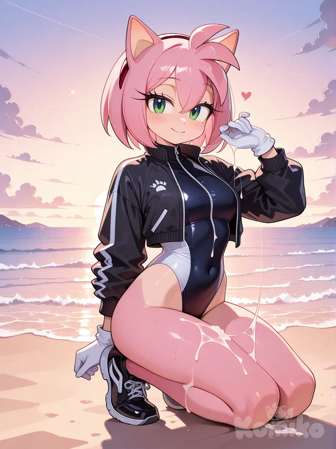 +18, Amy rose, black jacket, bottom high cut swimsuit, gloves, black shoes, beach, sunset, cum on body, cum string