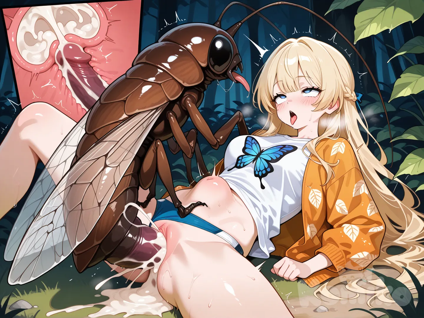 +18, girl with medium breasts, blond hair, blue eyes, butterfly T-Shirt, leaf jacket, getting fucked by a huge cockroach, cum pool, cum overflow, insect egg laying
