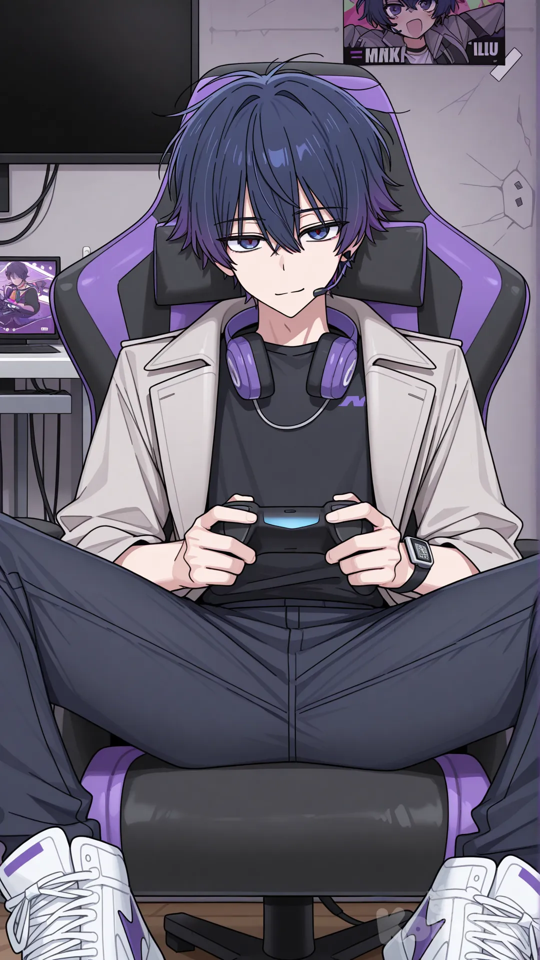 [toon-shaded-style], @shou-ben-7ArL plying videogames at his room, dinamic pose, soft smile, layin on gamaing chair, not looking to the camera