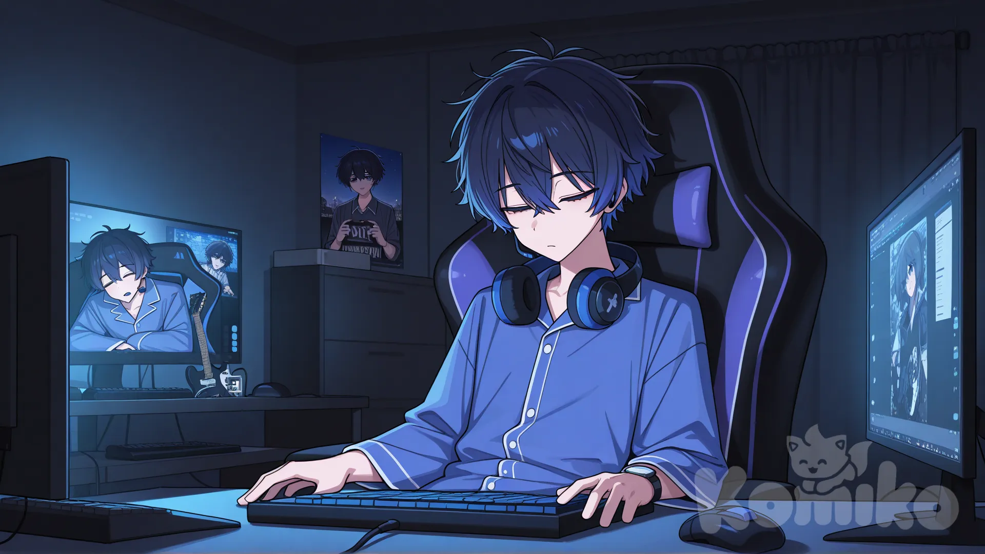 @shou-ben-7ArL, [toon-shaded-style], Asleep, reclining in a gaming chair, chilling, wearing Charmander pajamas, at night, in a gaming room, with guitars and accessories, anime decorations, illuminated by the light from the screens, ambient lighting