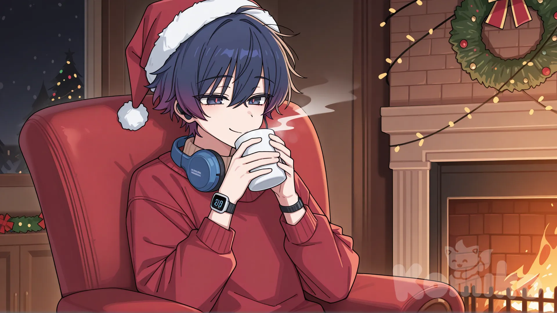 [toon-shaded-style], @shou-ben-7ArL, In a room with a fireplace, sitting in a comfortable armchair, wearing a sweater and Christmas hat, drinking hot chocolate, smiling happily, surrounded by Christmas decorations