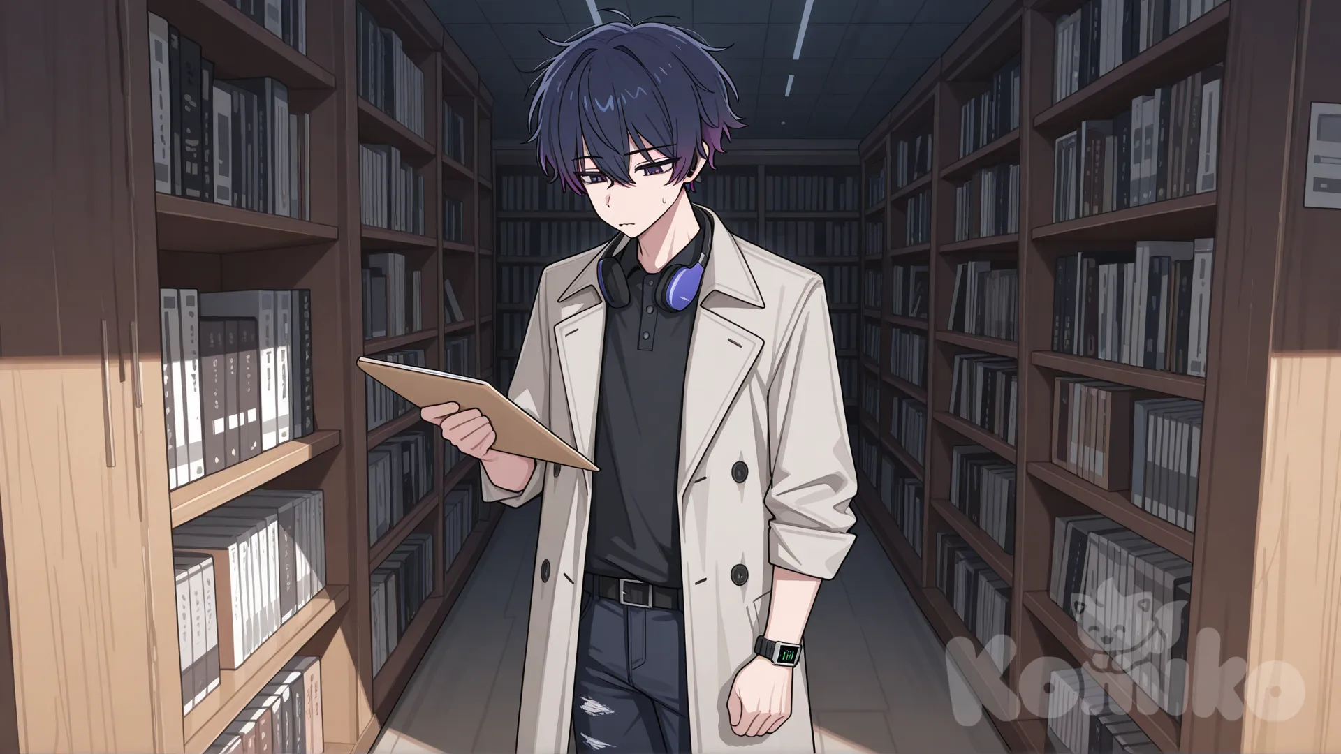 @shou-ben-7ArL, [toon-shaded-style], holding folder on hand, looking for a file, sweatdrop, tired face, standing, library background