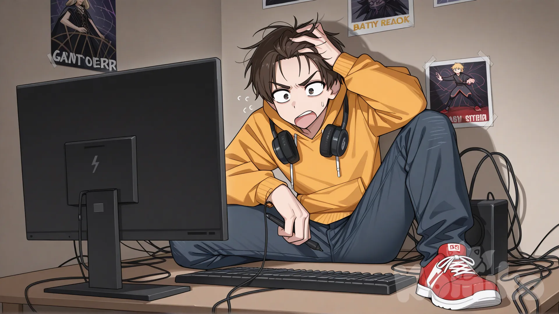 @shouben-wGYU, tratando de hacer que un emulador funcione en su pc, algo atareado y con cables desconectados encima, tratando de entender que esta pasando, de fondo su cuarto con monitores y escritorio gamer, el foto de la foto debe ser la cara intentando entender su entorno y la situación, [toon-shaded-style]