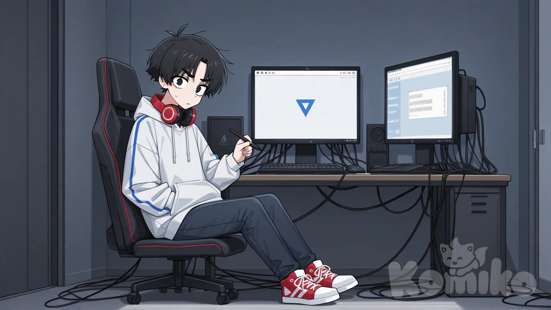 @shouben-wGYU, tratando de hacer que un emulador funcione en su pc, algo atareado y con cables desconectados encima, tratando de entender que esta pasando, de fondo su cuarto con monitores y escritorio gamer, el foto de la foto debe ser la cara intentando entender su entorno y la situación, [toon-shaded-style]