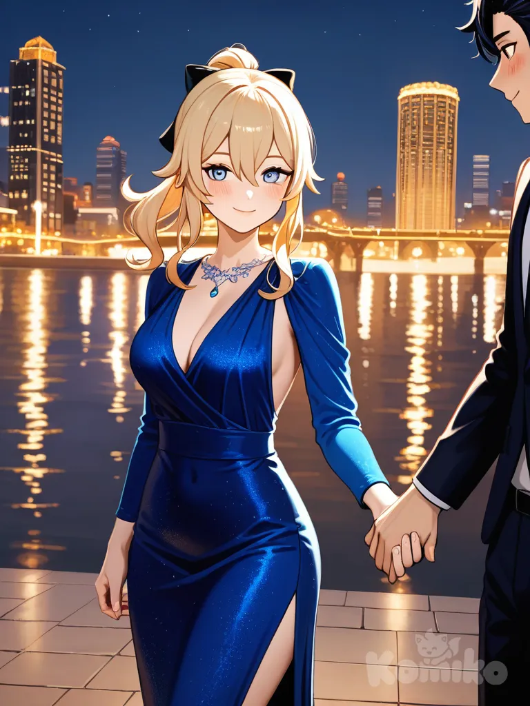 genshin impact, 2people, hair accessory, looking at viewer, suit, evening dress, Genshin Impact, smirk, blush, holding hands, cityscape, Jean (Genshin Impact), Diluc (Genshin Impact)