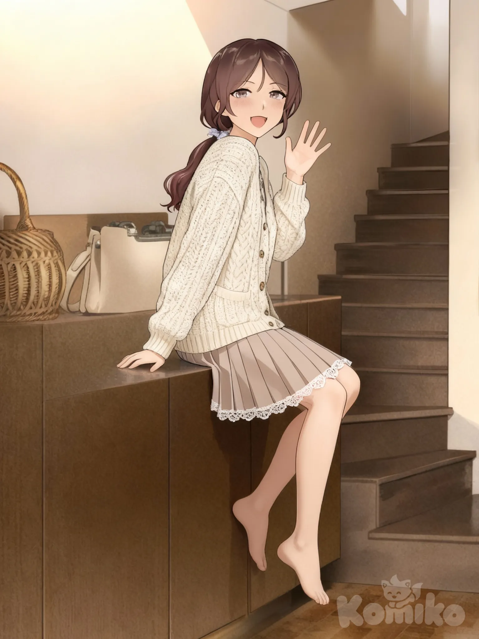 1girl, waving, knitted cardigan, pleated skirt, lace, full body woman on a kitchen counter looking over her shoulder