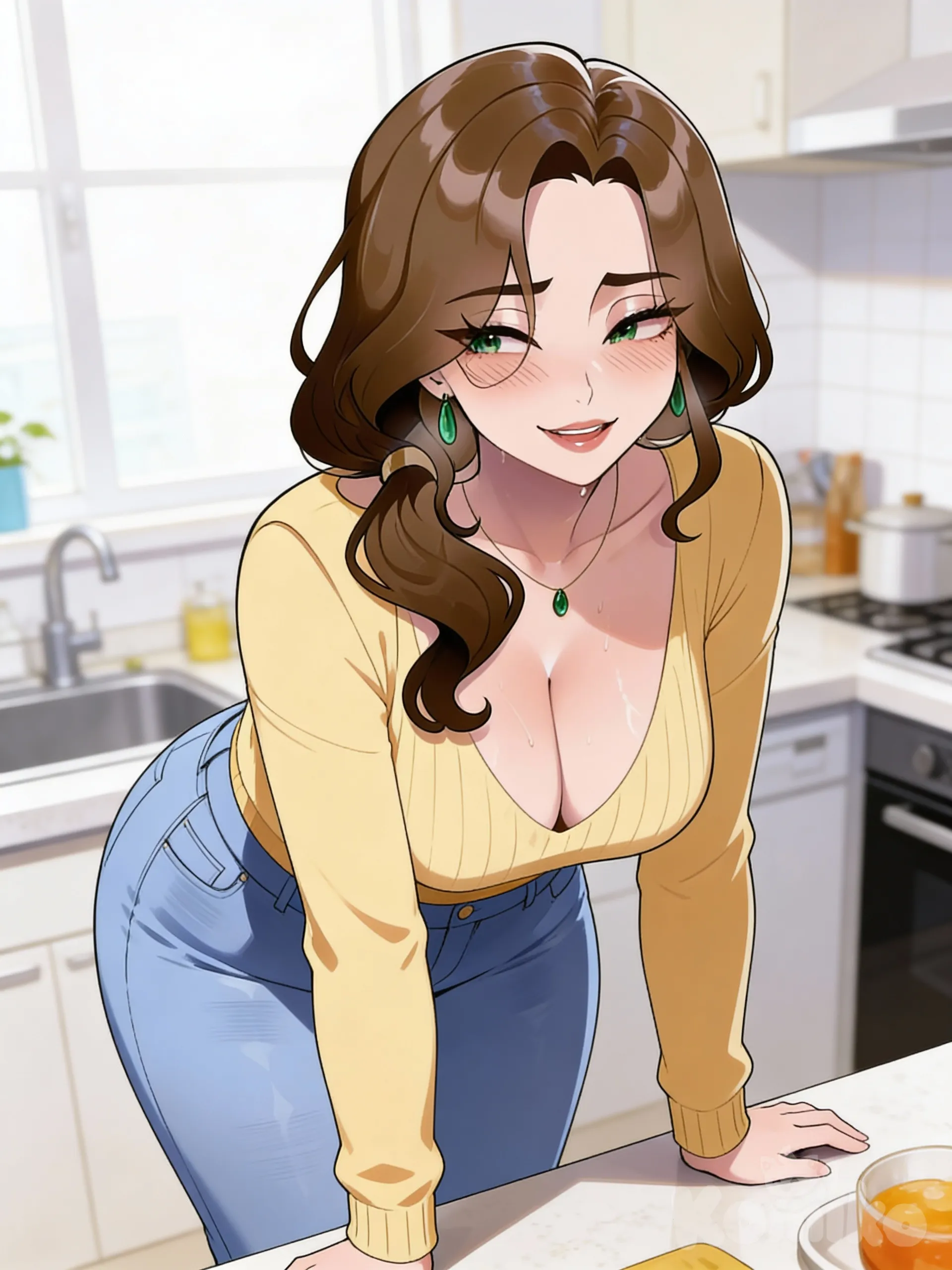 1girl, full body, facing viewer, in a kitchen, leaning forward, light smile