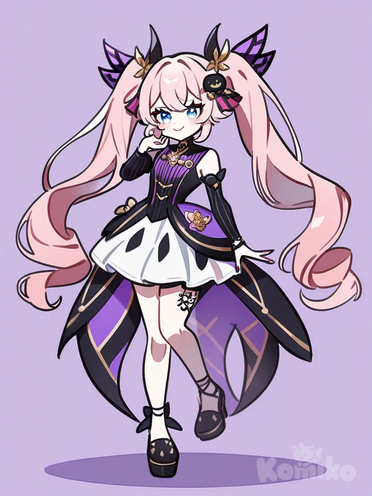 1girl, long flowing pink hair, twintails, bright blue eyes, playful posture, intricate design, unique outfit, mischievous smile, cute, baddie, vocaloid, vtuber, genshin impact, Hoyoverse, e-girl, villain, adorable, stripes, stylish, elegant, Pokémon trainer, single character, full body, looking at viewer, anime style, simple background, white background