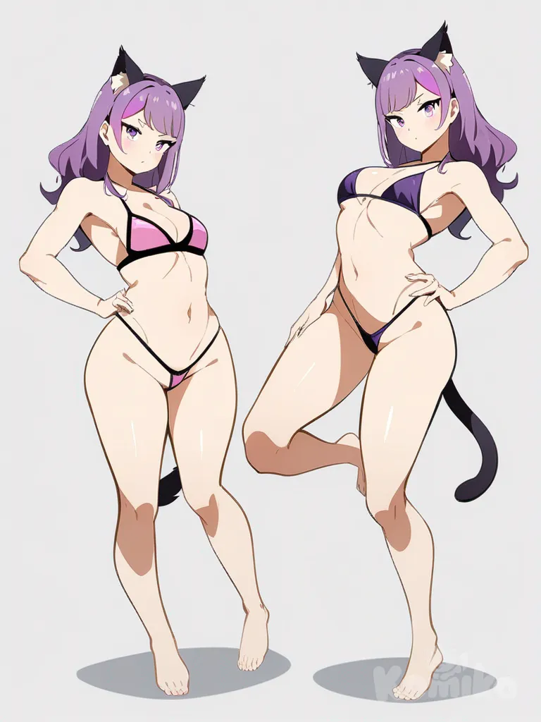 1girl, purple hair, pink streaks, cat ears, cat tail, medium breasts, medium butt, delicate curves, distinct curves, purple eyes, athletic, teenage, beautiful legs, extremely tight bikini, bikini wedgie, sexy pose, hot pose, single character, full body, looking at viewer, anime style, simple background, white background