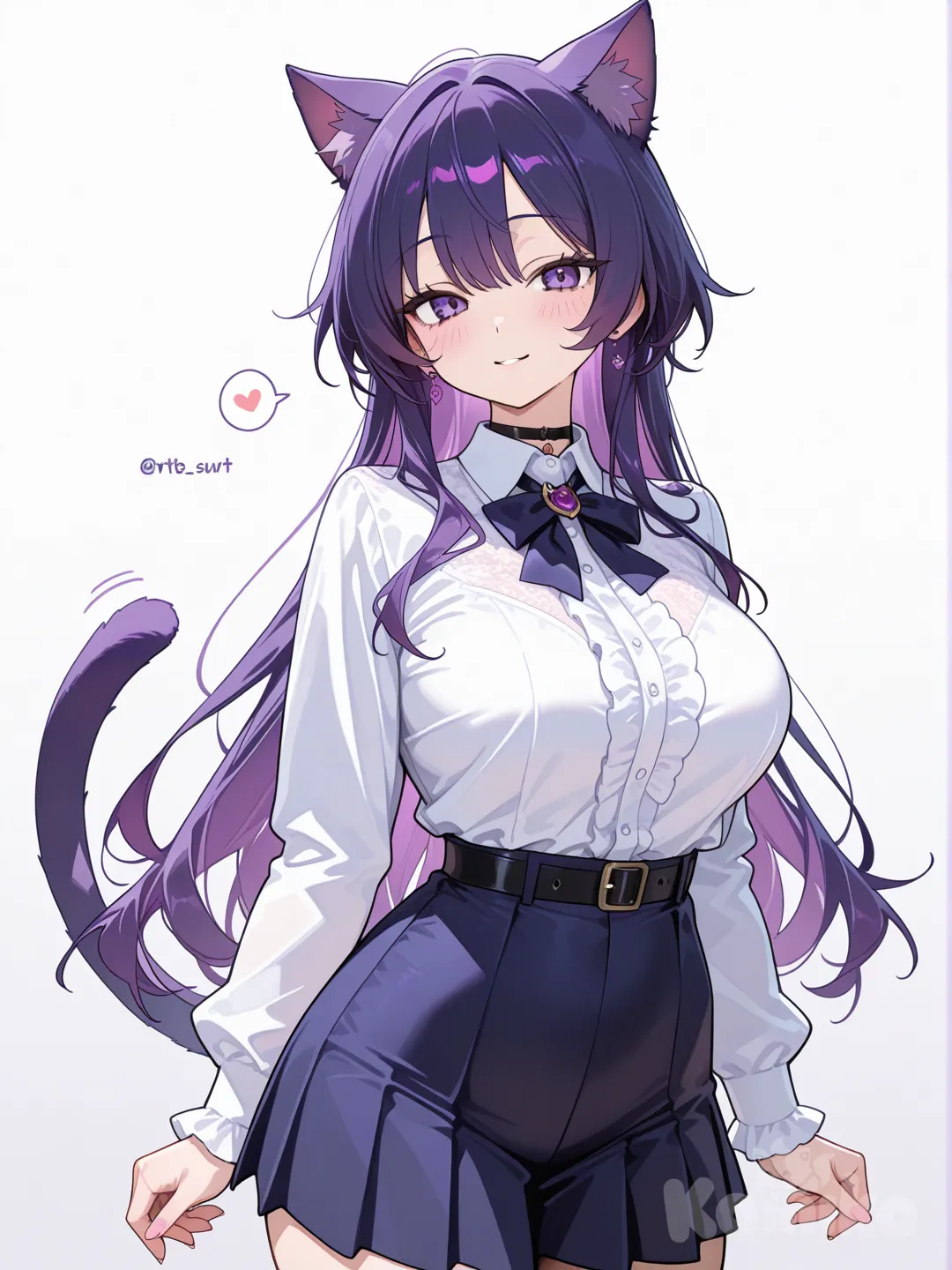 Chica de pelo morado, orejas y cola de gato, con falda y top, mostrando sus pechos y vagians, curvas delicadas y hermosas, ojos morados