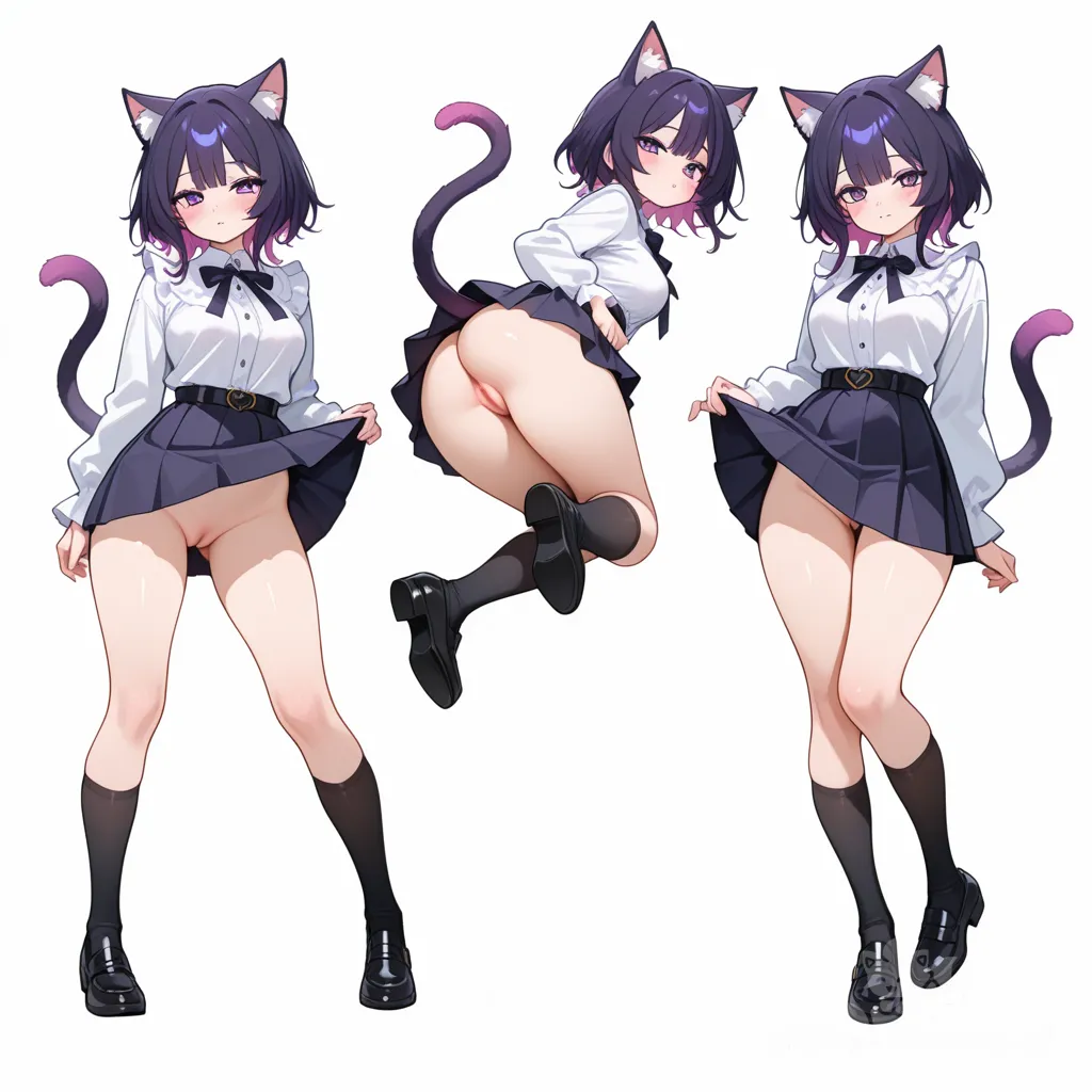 1girl, beautiful girl, skirt, top, no underwear, lifting skirt, pink vagina, medium breasts, medium butt, delicate marked calves, purple eyes, purple hair with pink streaks, cat tail, cat ears, sexy poses, single character, full body, looking at viewer, anime style, simple background, white background