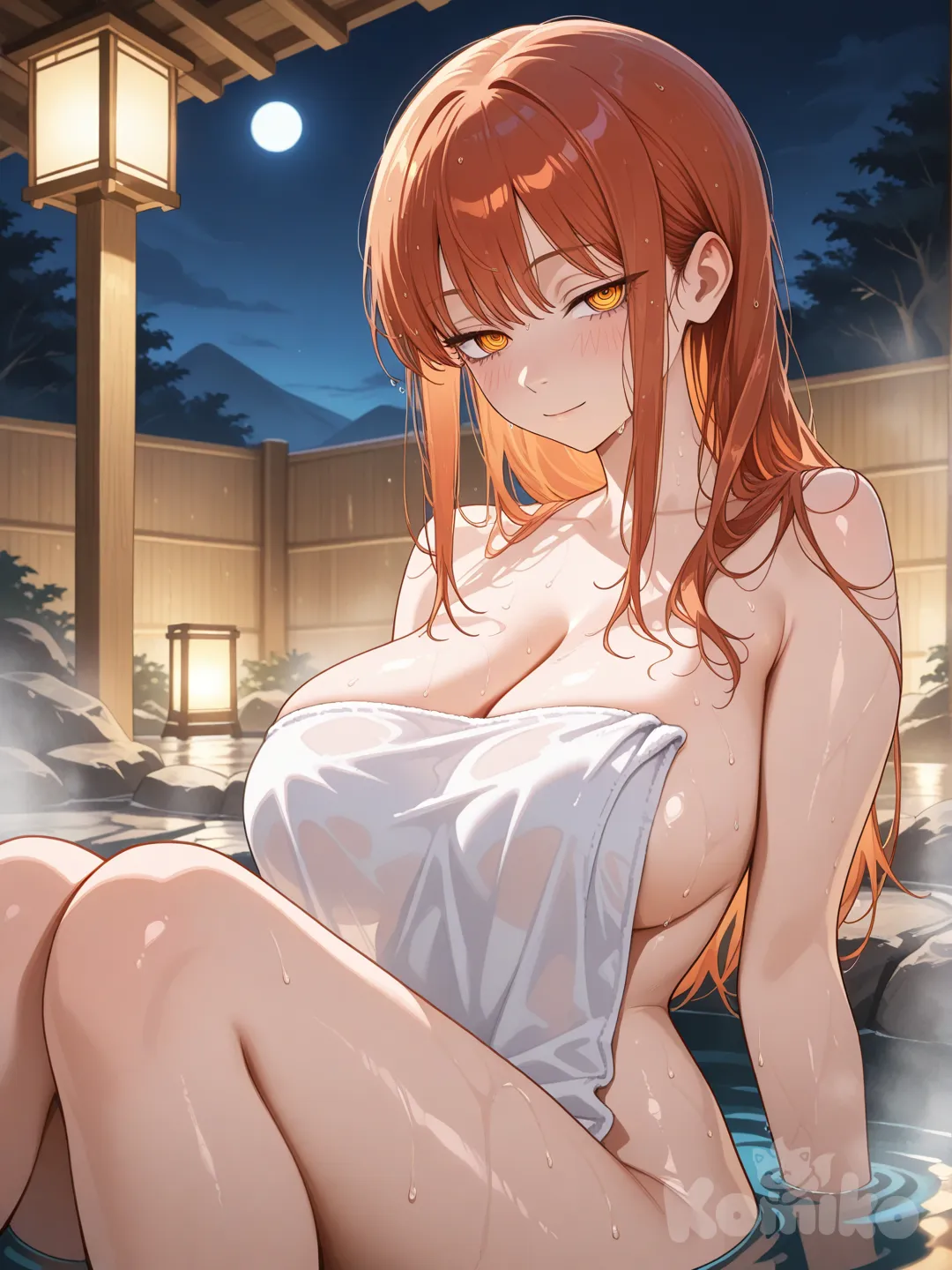 Makima from Chainsaw Man, long reddish-orange hair loose and slightly wet, strands sticking to her face and shoulders, sharp yellow eyes with red rings, seductive half-lidded gaze, subtle blush, sitting on the edge of a luxurious outdoor onsen hot spring at night, steam rising, small white towel barely covering her body, towel extremely short and tight, riding high on thighs, deep cleavage, sideboob and underboob visible, voluptuous hourglass figure, massive breasts straining against the towel, slim waist, wide hips, thick thighs, glistening wet skin, water droplets, perfect anatomy, soft moonlight and lantern lighting, misty atmosphere, highly ultra realistic, 8k, cinematic lighting, depth of field