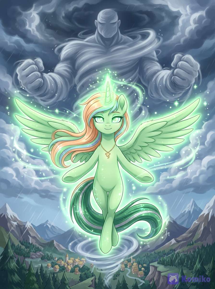 [iridescent-style], pony hembra hermosa al estilo My Little Pony, una expresión tranquila pero con una sonrisa,con ojos color verde claro brillantes con magia verde claro emanando de sus ojos,flotando en el cielo de pie sobre sus dos patas traseras una cruzada delante de la otra elegantemente,alas extendidas en una postura abierta y patas delanteras extendidas hacia los lados,collar dorado en el cuello con una pequeña figura grabada de un tornando, pelaje verde claro,cuerno verde claro al igual que las alas,alas extendidas,melena larga naranja claro con mechones verde claros y mechones celeste claro,cola larga de un verde profundo con mechones plateados,un aura verde claro pero poderosa brillante envuelve su cuerpo,su cuerno brilla muy intensamente con magia y un aura verde claro brillante y desbordando chispas mágicas,el viento se arremolina como una tormenta y ráfagas de vientos, looking at viewer, ultra-wide shot, sle, mountain village, colosal figura robusta hecho de viento muy a lo lejos detrás,sin rostro ni orejas ni pelos,cada parte del cuerpo está hecha de ráfagas de vientos,en una postura firme y majestuosa que irradia poder,con puños hechos de ráfagas de vientos