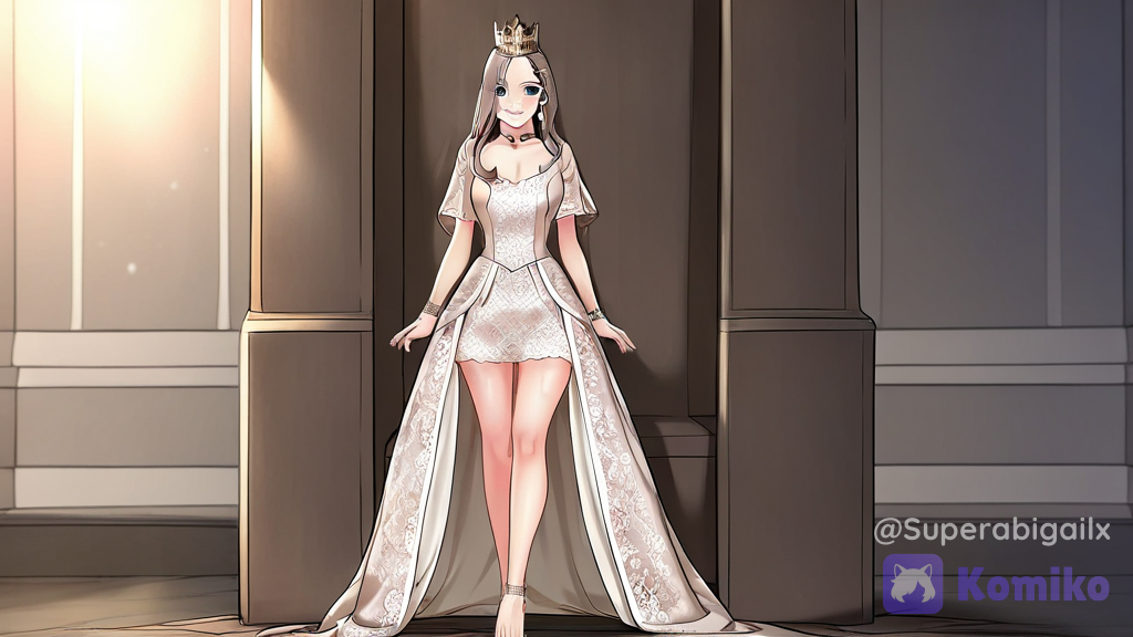 [manhwa-glamour-style], @abigail-bradshaw-uVjM, royal outfit, ruffles, silk, lace, barefoot, crown, anklet, bracelet, earrings, choker, pearls, diamonds, man bun, throne room