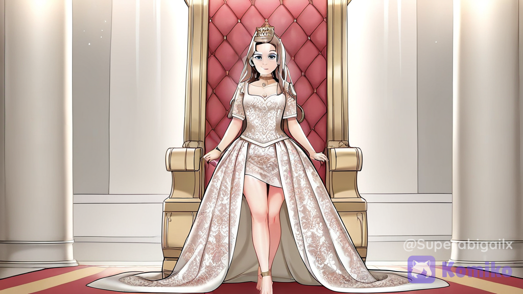 [manhwa-glamour-style], @abigail-bradshaw-uVjM, royal outfit, ruffles, silk, lace, barefoot, crown, anklet, bracelet, earrings, choker, pearls, diamonds, man bun, throne room