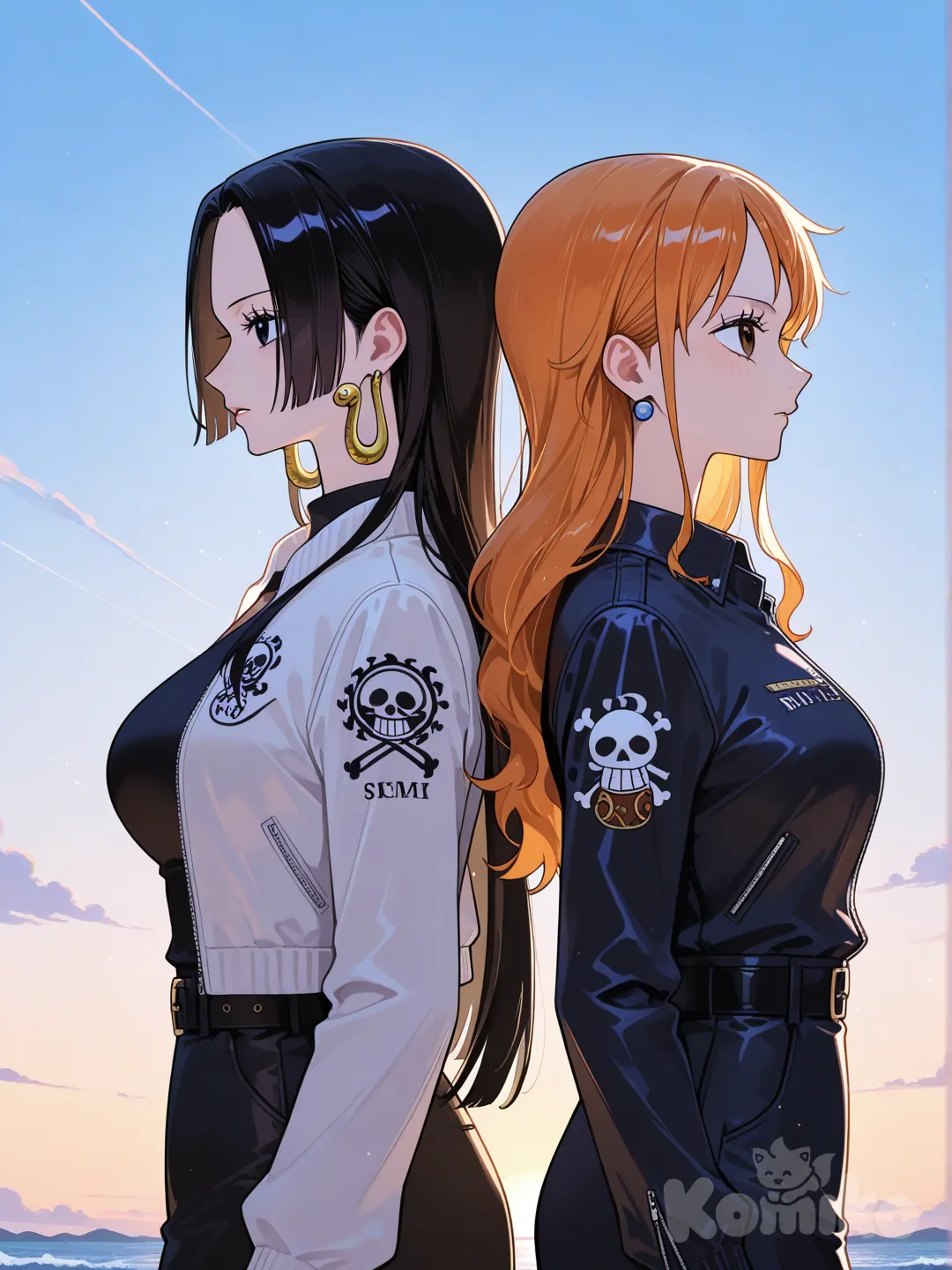 Boa Hancock, Nami (One Piece), back to back, suit, sherpa, side profile photo, blue sky, ambient light