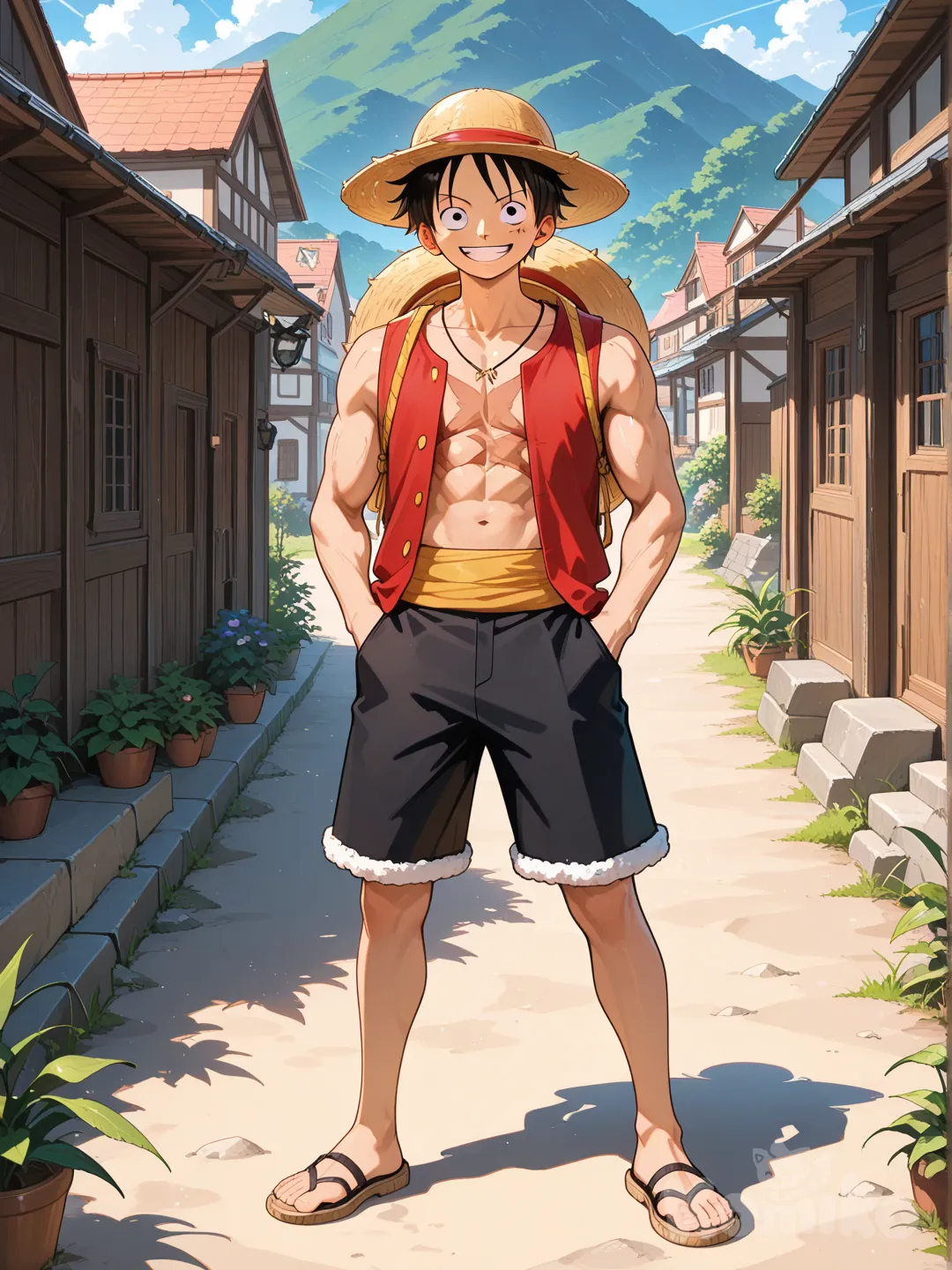 @Monkey_D._Luffy, hands in pockets, village