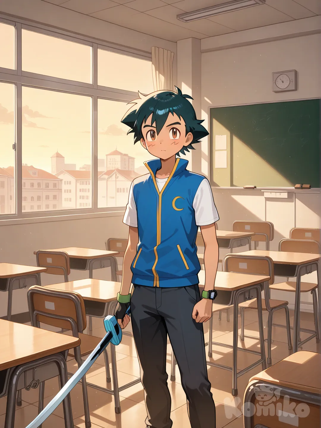 @Ash_Ketchum, holding sword, classroom