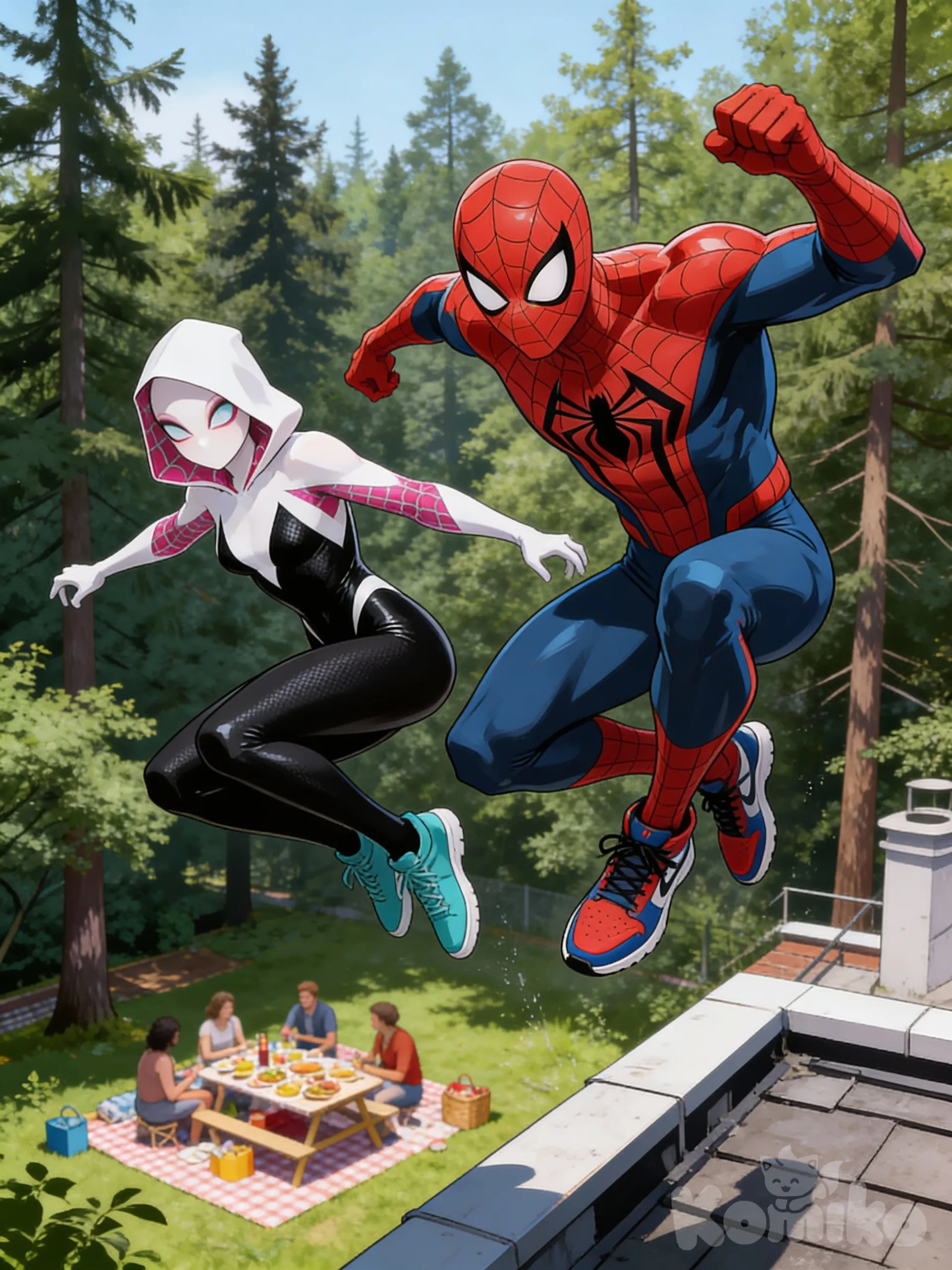 jumping from rooftop, suit, _(2099), @Spider-Man_(2099), @Spider-Gwen, picnic, forest