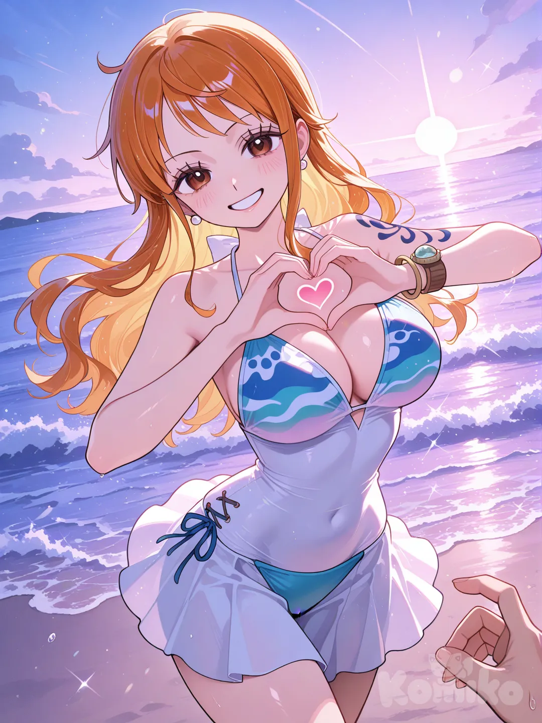 One Piece, 1boy, @Nami_(One_Piece), ocean, smile, heart hands, dancing, ambient light, looking at viewer