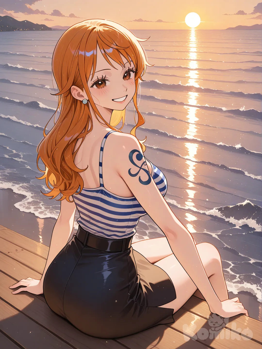 @Nami_(One_Piece), sitting on the ground, smile, ambient light, dancing, pier, ocean
