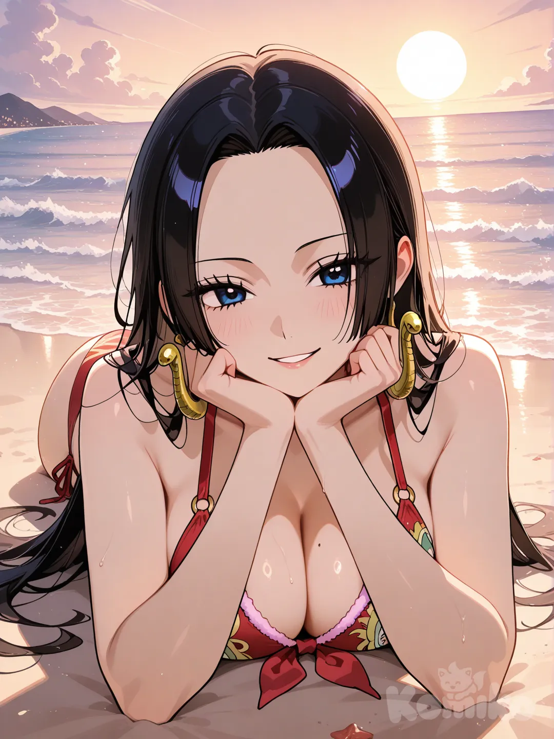 Boa_Hancock, smile, lie on stomache, ocean