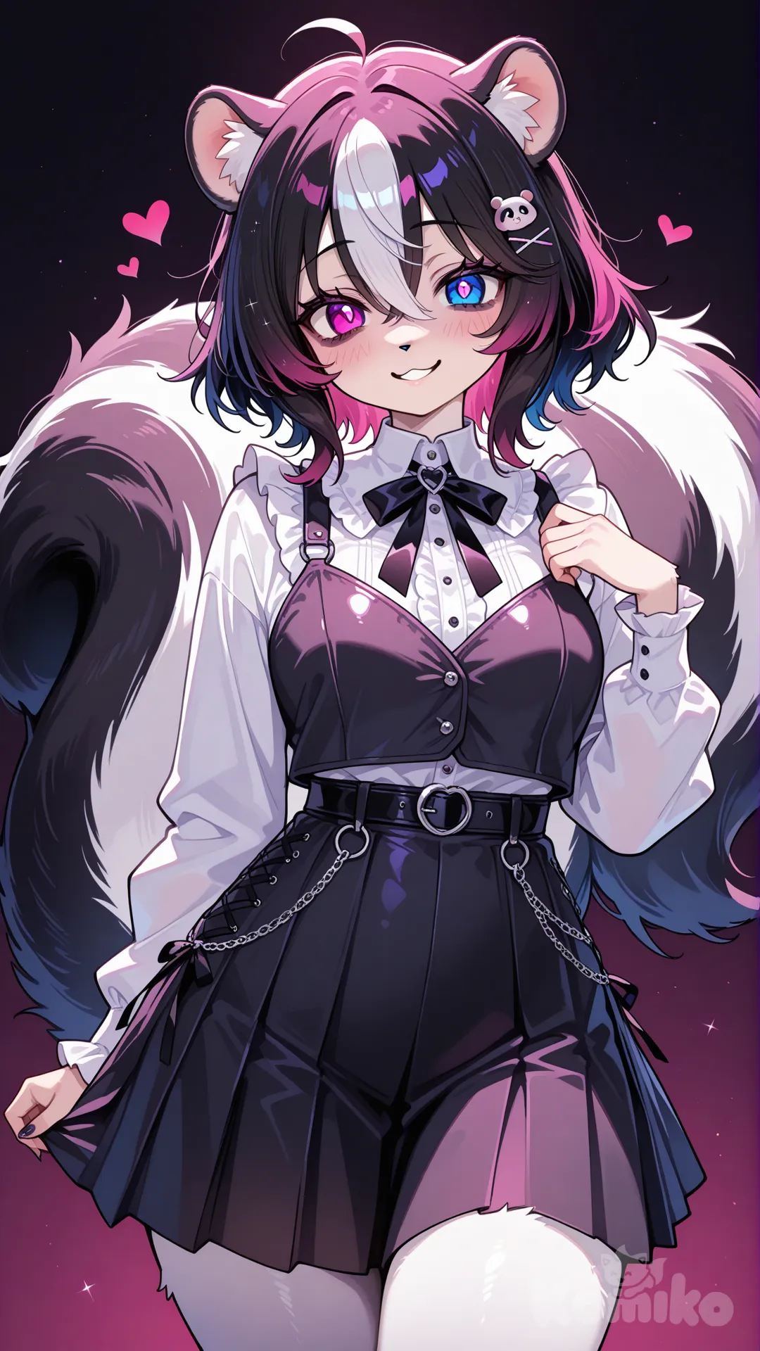 1girl, furry, skunk, anthropomorphic character, cute, yandere, colorful fur, geterochromia, playful pose, ultra-